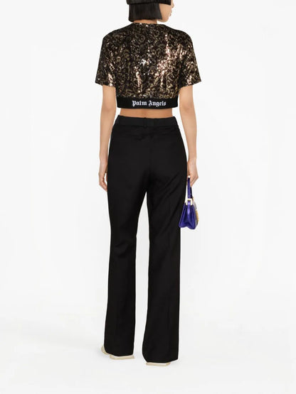 PALM ANGELS WOMEN Sequins Logo Tape Tee Brown/Black