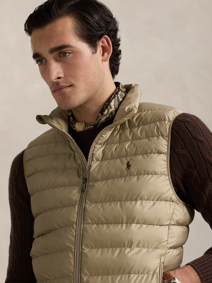 RALPH LAUREN Logo Patch Embroidered Terra Padded Zipped Gilet Beige