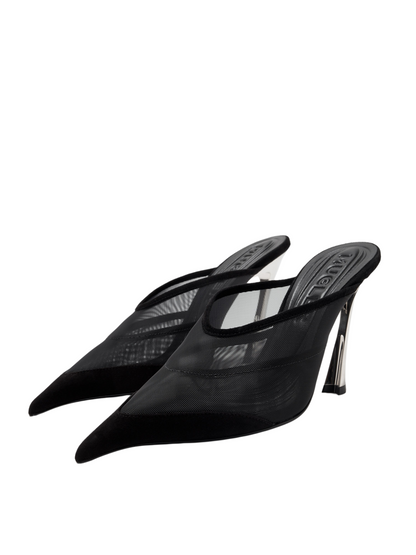 MUGLER WOMEN Mesh & Suede Mule Heels Black