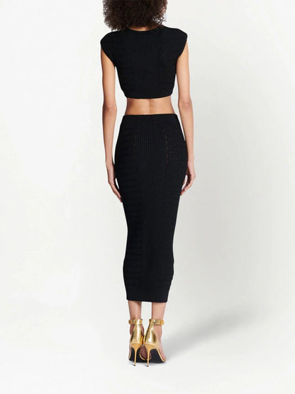 BALMAIN WOMEN 6 Button Knit Cropped Top Black Gold