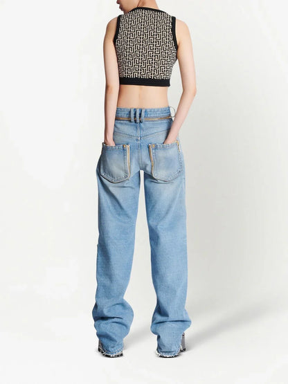 BALMAIN WOMEN Sleeveless Zipped Monogram Knit Crop Top Ivory Black