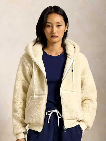RALPH LAUREN WOMEN Pony Embroidered Faux Shearling Jacket Beige