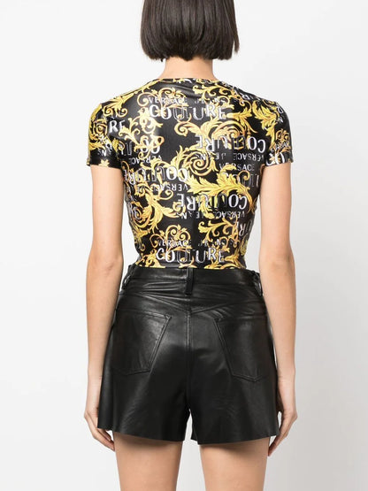 VERSACE WOMEN Baroque Print Cropped T-Shirt Black/Gold