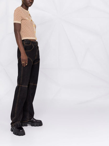 BALMAIN WOMEN Metallic Effect Monogram Cropped Top Brown