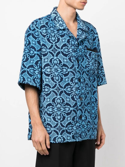 MARINE SERRE Oriental Towel-Print Short-Sleeve Shirt Blue