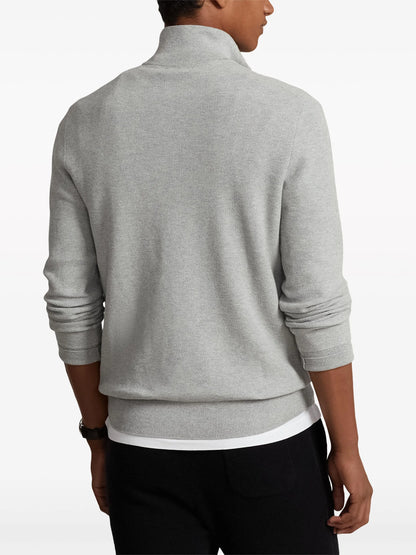 RALPH LAUREN Logo Embroidered Cotton Half Zip Sweatshirt Grey