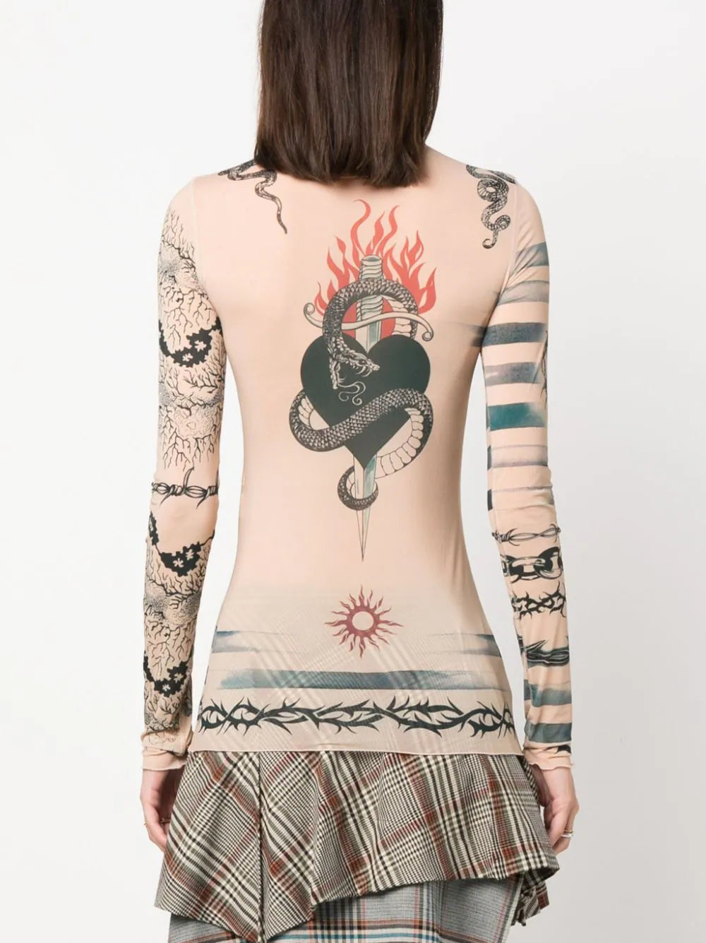 JEAN PAUL GAULTIER WOMEN Crew Neck Long Sleeves Printed Tattoo Top Nude/Grey/Black