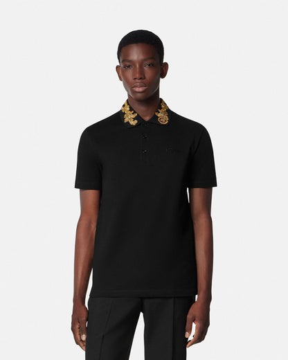 VERSACE Embroidered Barocco Leaf Polo Shirt Black