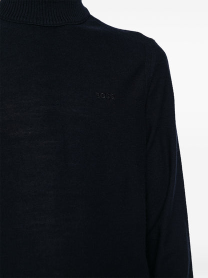 BOSS Logo Embroidered Wool Blend Turtle Neck Sweater Navy