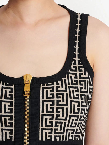 BALMAIN WOMEN Sleeveless Zipped Monogram Knit Crop Top Ivory Black