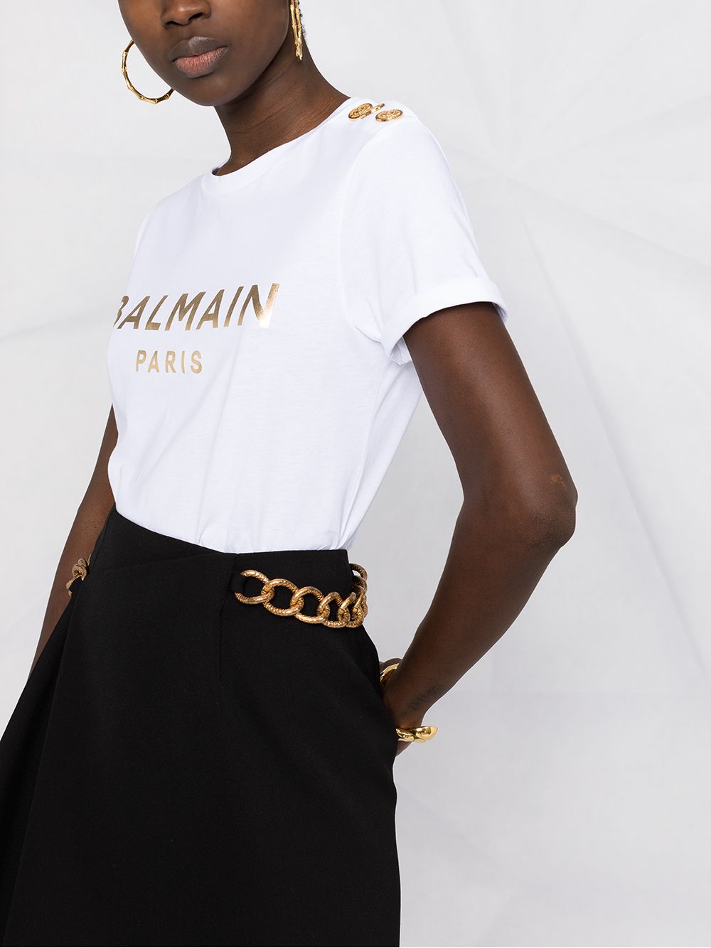 BALMAIN WOMEN Metallic-logo button-embellished T-shirt White