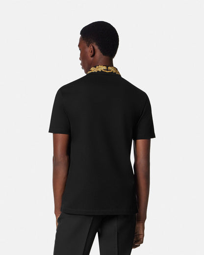 VERSACE Embroidered Barocco Leaf Polo Shirt Black