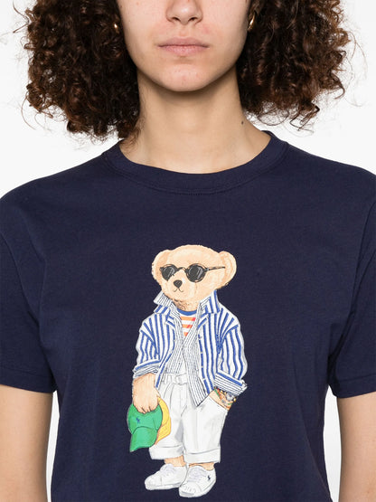 RALPH LAUREN WOMEN Stripe Bear Motif Short Sleeve T-Shirt Navy
