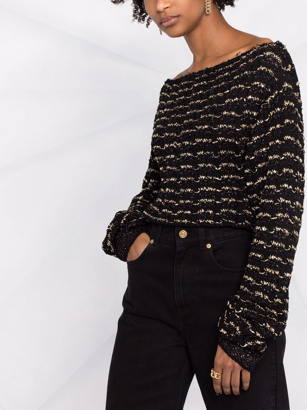 BALMAIN WOMEN Off-shoulder Cropped Striped Top Black