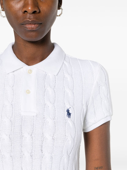 RALPH LAUREN WOMEN Pony Embroidered Cable Knit Polo Dress White