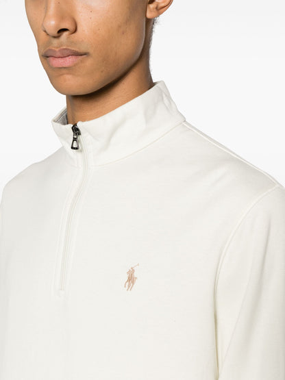 RALPH LAUREN Logo Jersey Quarter-Zip Pullover Sweatshirt Beige