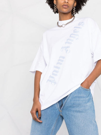 PALM ANGELS WOMEN Stripe Loose Fit Logo T-Shirt White/Blue