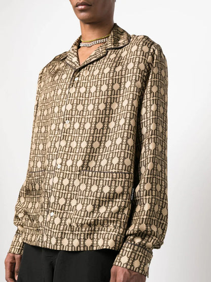 PALM ANGELS Allover Monogram Pajama Shirt Long Sleeves Beige