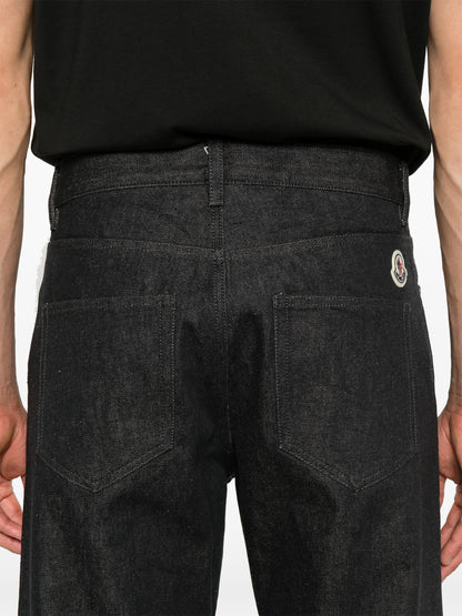 MONCLER Logo Patch Cotton Denim Trousers Dark Blue