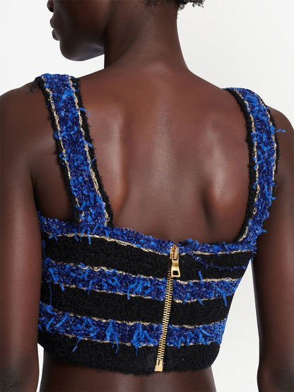 BALMAIN WOMEN Button Detail Tweed Top Blue Black Gold