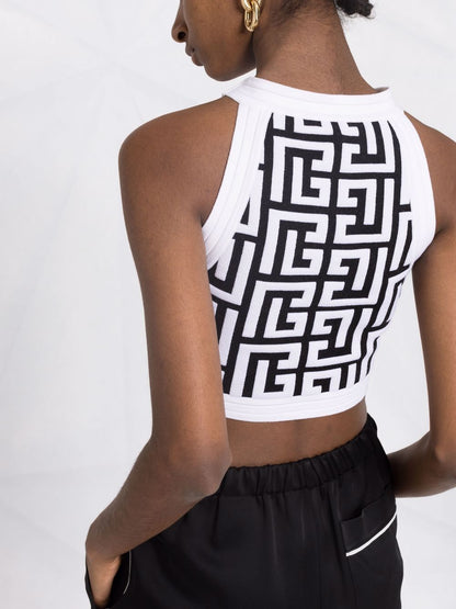 BALMAIN WOMEN Sleeveless Maxi Monogram Cropped Knit Top
