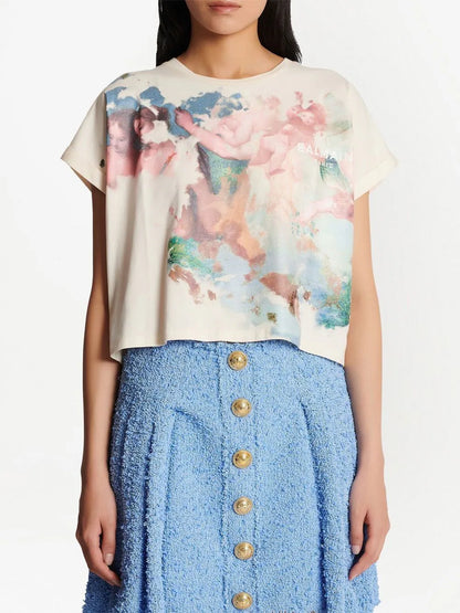BALMAIN WOMEN Pastel Printed Cropped Shot Sleeves T-Shirt Multicolour
