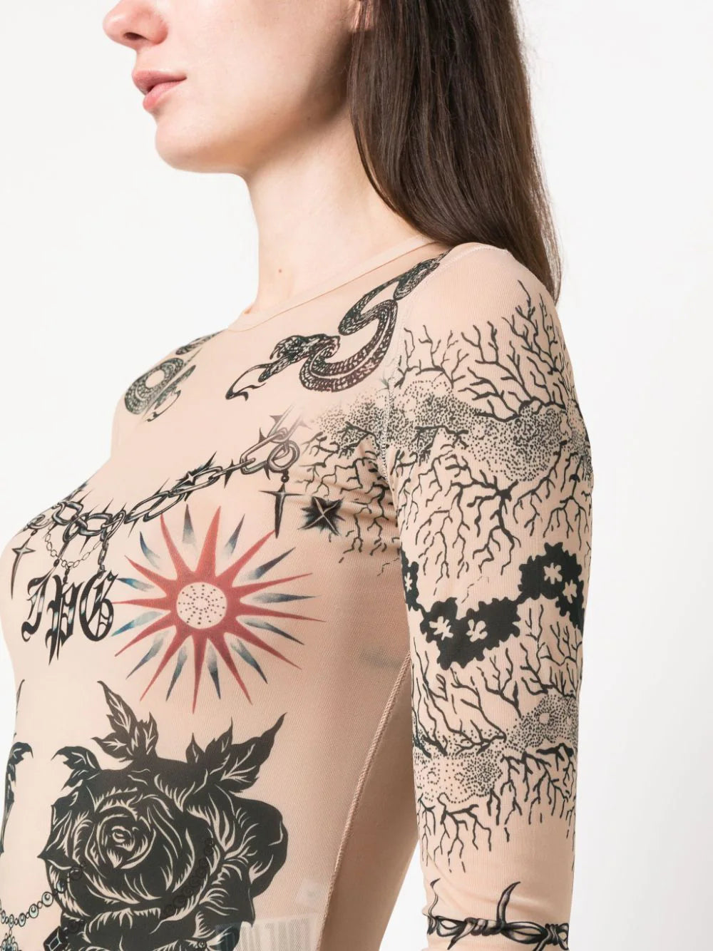 JEAN PAUL GAULTIER WOMEN Crew Neck Long Sleeves Printed Tattoo Top Nude/Grey/Black