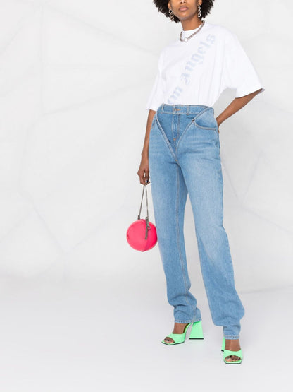PALM ANGELS WOMEN Stripe Loose Fit Logo T-Shirt White/Blue