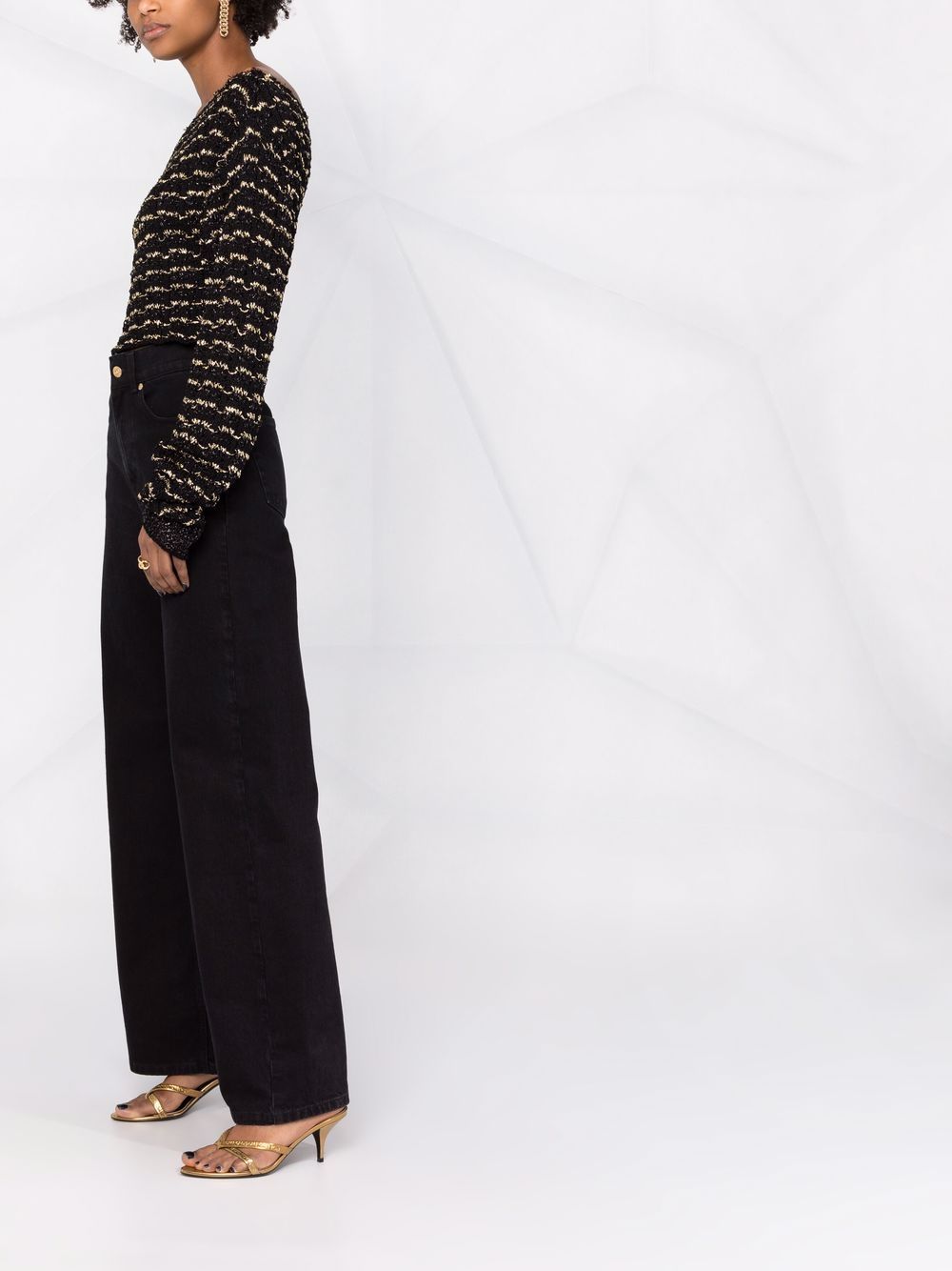 BALMAIN WOMEN Off-shoulder Cropped Striped Top Black