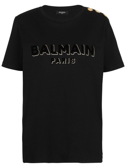 BALMAIN WOMEN Button-embellished Logo T-shirt Black/Gold