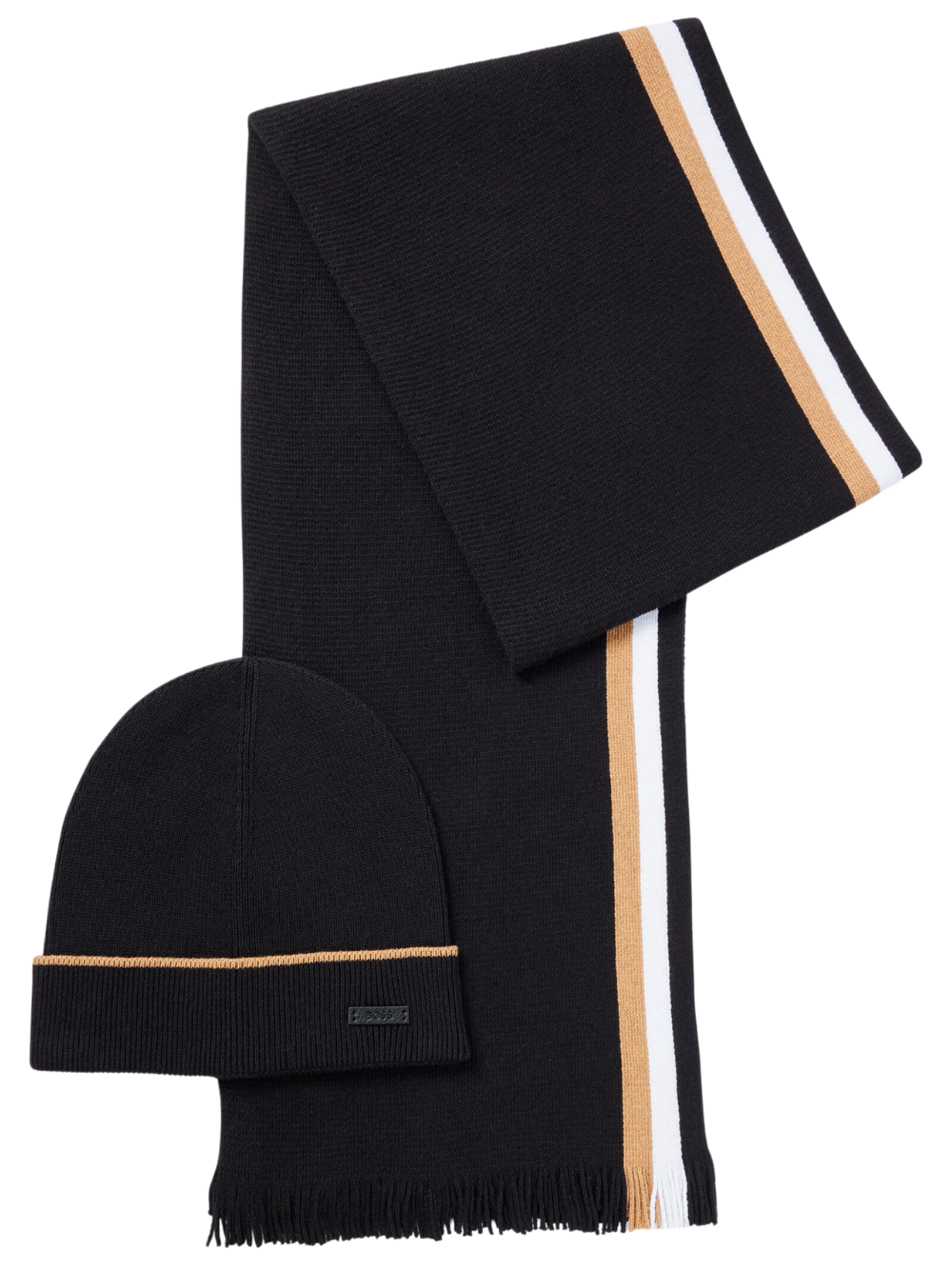 BOSS MEN Logo-Patch Striped Scarf And Knitted Beanie Set Black