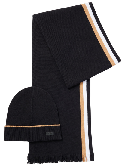 BOSS MEN Logo-Patch Striped Scarf And Knitted Beanie Set Black