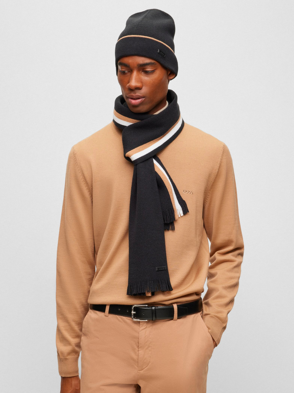 BOSS MEN Logo-Patch Striped Scarf And Knitted Beanie Set Black