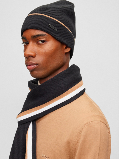 BOSS MEN Logo-Patch Striped Scarf And Knitted Beanie Set Black
