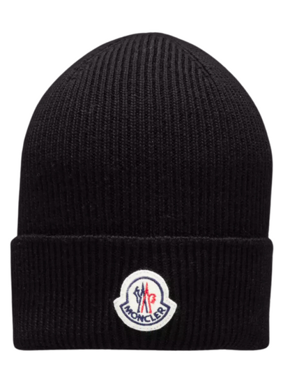 MONCLER Logo Patch Knitted Wool Beanie Black