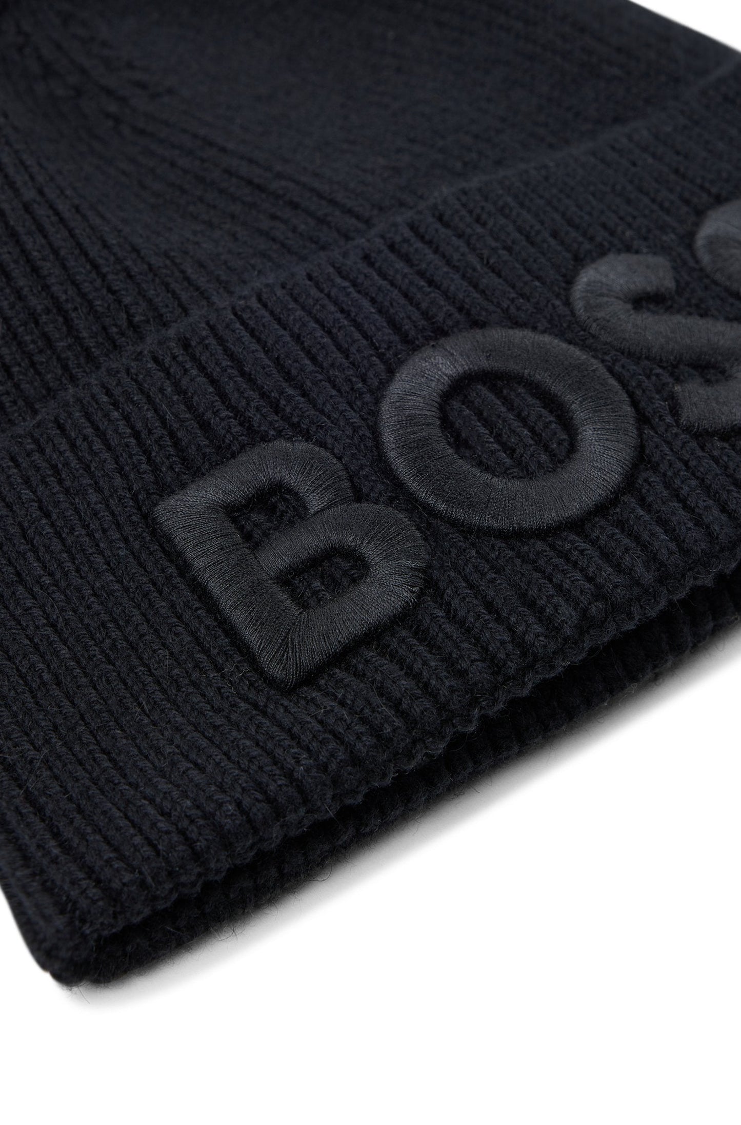 BOSS MEN Logo Embroidered Knitted Beanie Hat Black