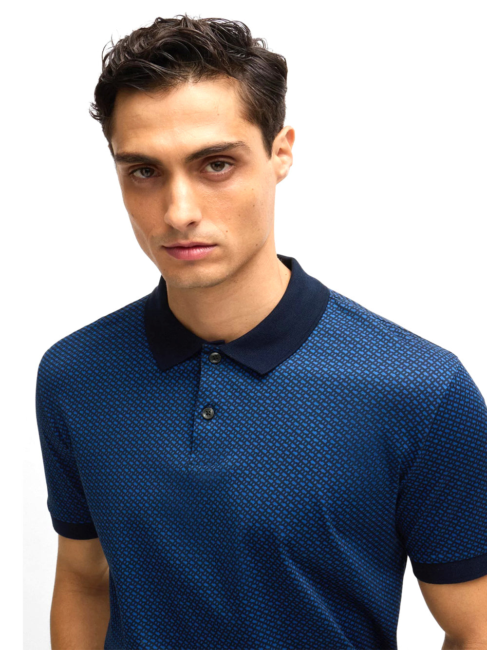 BOSS Monogram Print Cotton Polo Shirt Dark Blue / Black